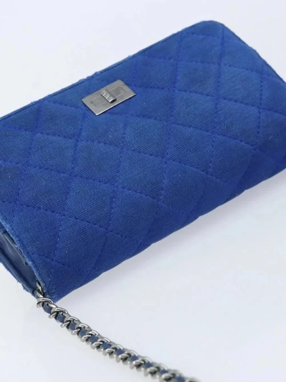 CHANEL Chain Matelasse 2.55 Shoulder Bag Canvas Navy Silver CC Auth 171466A